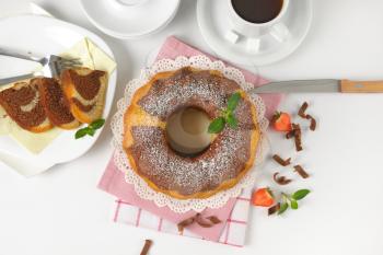 marble bundt cake and cup of coffee