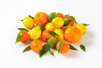 assortment of fresh citrus fruit on white background
