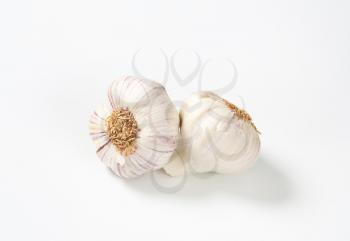 Two fresh garlic bulbs on white background