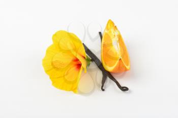 hibiscus flower, orange slice and vanilla pods on white background
