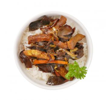 meat and mushroom stir fry with rice