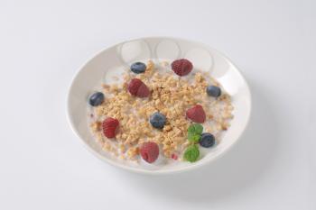 plate of granola with milk and fresh berry fruit