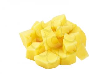 heap of diced potatoes on white background