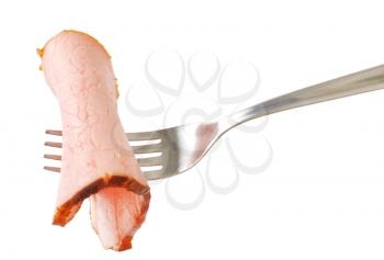 thin slice of smoked pork on fork