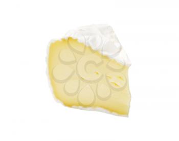 slice of white rind cheese on white background