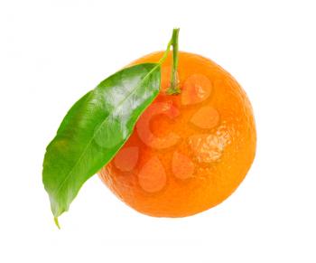 tangerine with leaf on white background