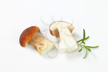 halved boletus mushroom and rosemary on white background