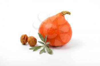 orange pumpkin with walnuts and sprig of sage on white background