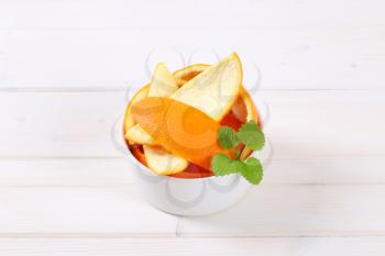 bowl of orange peels on white background