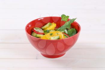 bowl of radish and cucumber salad with slices of orange