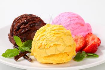 Three scoops of ice cream (yellow, brown, pink)