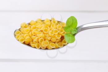 spoon of small pasta shells on white wooden background