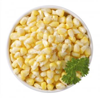bowl of sweet corn kernels on off-white background with shadows