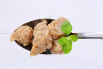 spoon of soy meat cubes on white wooden background