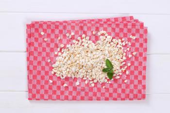 pile of puffed buckwheat on checkered place mat