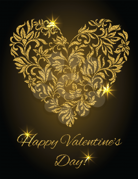 Happy Valentine's day! Heart created of flowers with gold glitter on a black background