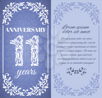 Luxury template with floral frame and a decorative pattern for the 11 years anniversary. There is a place for text