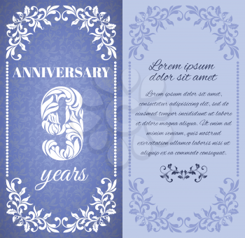 Luxury template with floral frame and a decorative pattern for the 9 years anniversary. There is a place for text