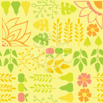 Seamless autumn pattern with flowers and foliage on a yellow background