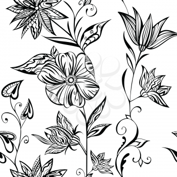 Seamless vector pattern: fantastic flowers on a white background