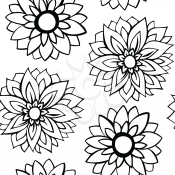 Seamless pattern with black flowers on white background
