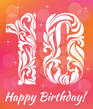 Bright Greeting card Invitation Template. Celebrating 10 years birthday. Decorative Font with swirls and floral elements.