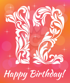 Bright Greeting card Invitation Template. Celebrating 12 years birthday. Decorative Font with swirls and floral elements.