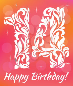 Bright Greeting card Invitation Template. Celebrating 14 years birthday. Decorative Font with swirls and floral elements.