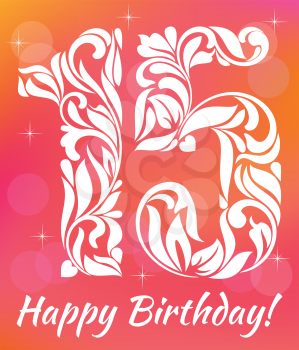 Bright Greeting card Invitation Template. Celebrating 15 years birthday. Decorative Font with swirls and floral elements.
