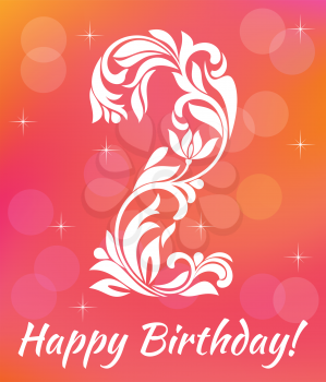 Bright Greeting card Invitation Template. Celebrating 2 years birthday. Decorative Font with swirls and floral elements.