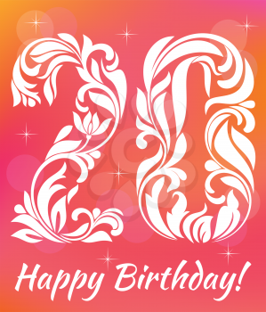Bright Greeting card Invitation Template. Celebrating 20 years birthday. Decorative Font with swirls and floral elements.