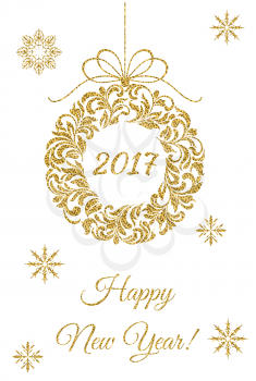 Elegant Christmas postcard. Christmas golden floral wreath with figures 2017
