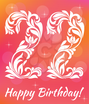Bright Greeting card Invitation Template. Celebrating 22 years birthday. Decorative Font with swirls and floral elements.