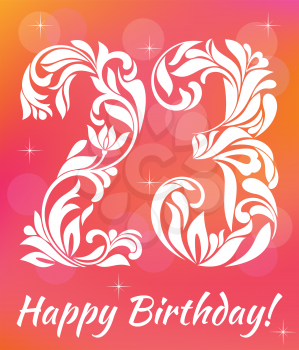 Bright Greeting card Invitation Template. Celebrating 23 years birthday. Decorative Font with swirls and floral elements.