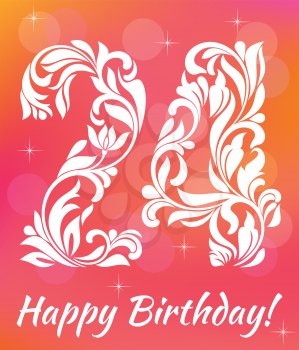Bright Greeting card Invitation Template. Celebrating 24 years birthday. Decorative Font with swirls and floral elements.