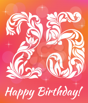 Bright Greeting card Invitation Template. Celebrating 25 years birthday. Decorative Font with swirls and floral elements.