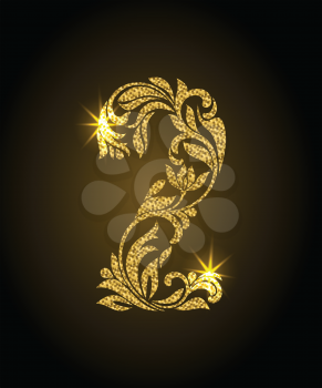 2. Decorative Font with swirls and floral elements. Ornate decorated digit two with golden glitter