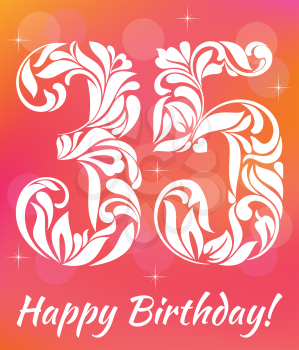 Bright Greeting card Template. Celebrating 35 years birthday. Decorative Font with swirls and floral elements.