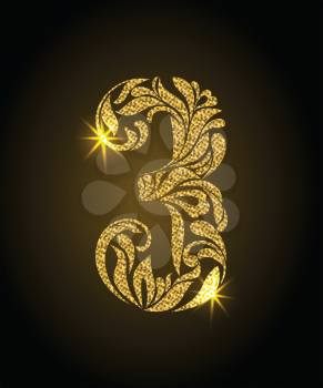 3. Decorative Font with swirls and floral elements. Ornate decorated digit three with golden glitter