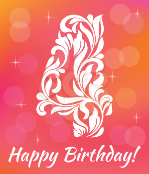 Bright Greeting card Invitation Template. Celebrating 4 years birthday. Decorative Font with swirls and floral elements.