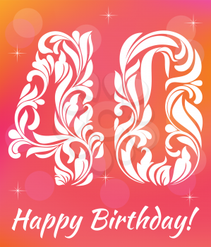 Bright Greeting card Template. Celebrating 40 years birthday. Decorative Font with swirls and floral elements.