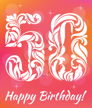 Bright Greeting card Template. Celebrating 50 years birthday. Decorative Font with swirls and floral elements.