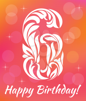 Bright Greeting card Invitation Template. Celebrating 6 years birthday. Decorative Font with swirls and floral elements.