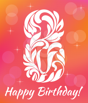 Bright Greeting card Invitation Template. Celebrating 8 years birthday. Decorative Font with swirls and floral elements.