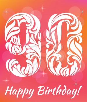 Bright Greeting card Template. Celebrating 90 years birthday. Decorative Font with swirls and floral elements.
