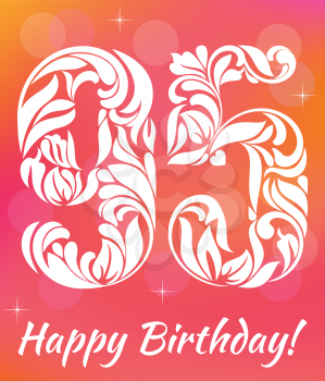 Bright Greeting card Template. Celebrating 95 years birthday. Decorative Font with swirls and floral elements.