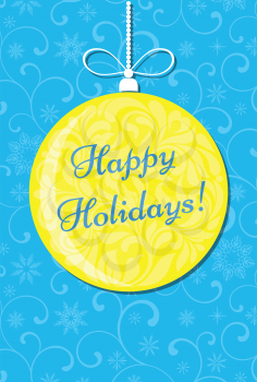 Elegant postcard or banner. Yellow christmas ball with floral ornament on a blye background with pattern. Happy Holidays!