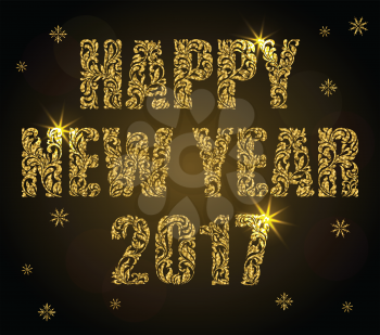 Greeting card or banner  Happy New Year 2017. Text made of floral elements with golden glitter