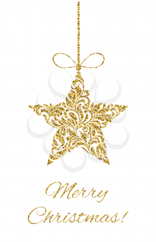 Elegant Greeting card. Merry Christmas! Star from abstract floral ornament with golden glitter isolated on a white background