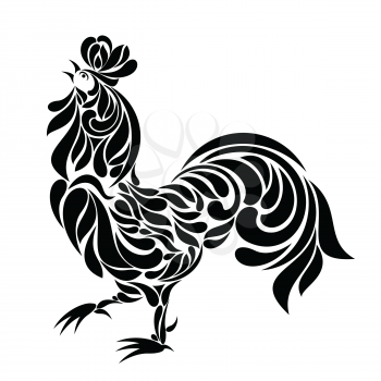 Decorative cockerel. Stylized rooster decorated with floral ornament. Cock isolated on a white background.